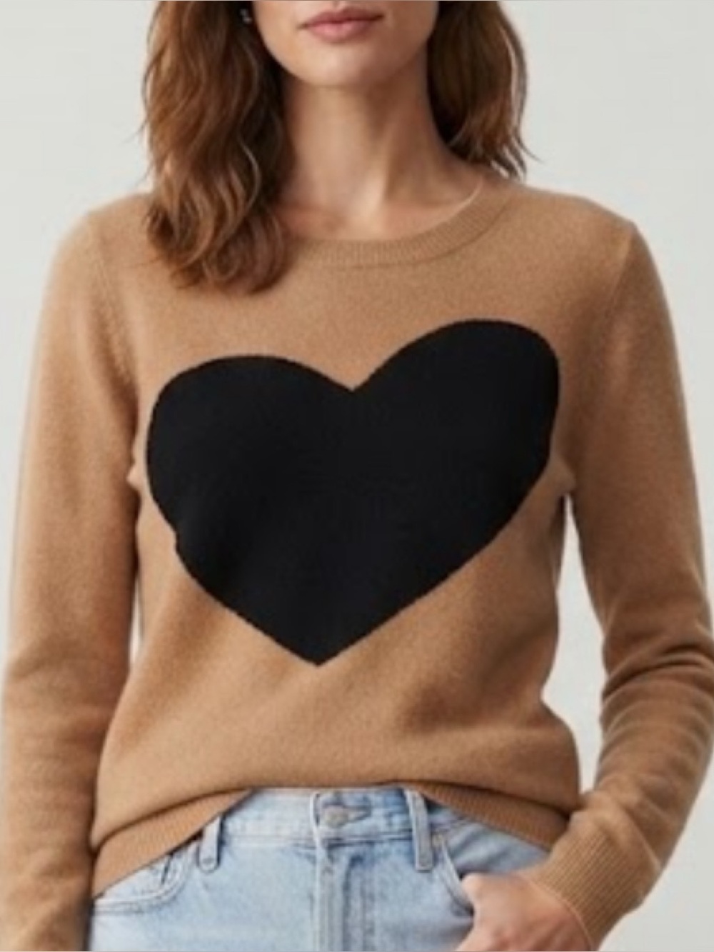J. Crew Heart on Your Sleeve Cashmere-Blend Sweater in Warm Camel Brown Black